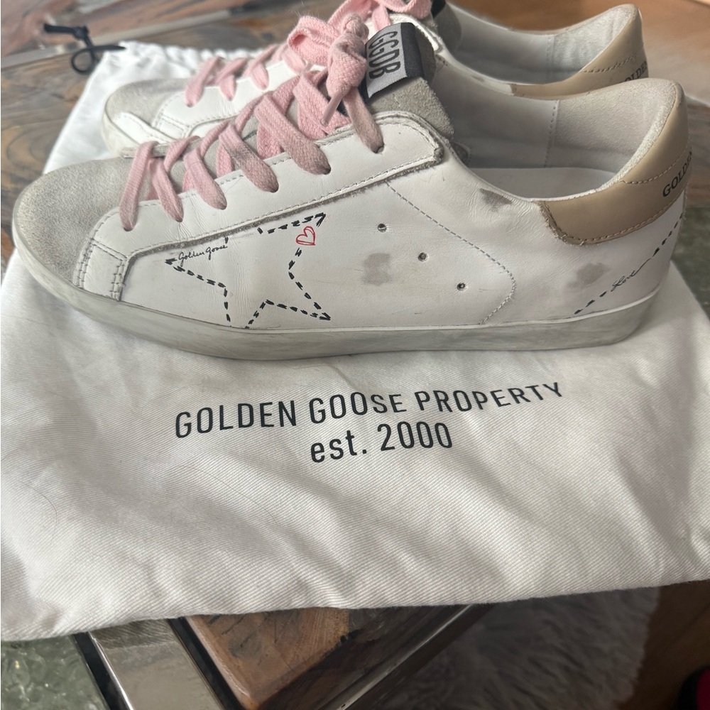 Golden Goose Superstar Rare Scribble Sneakers Arctic White with Pink Laces 38/8 - Picture 3 of 9